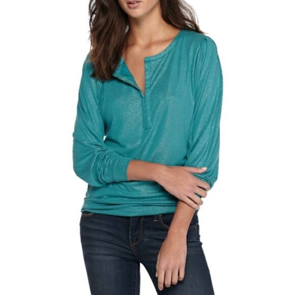 NWT Free People We the Free Olivia Glitter Relaxed Fit Long Sleeve Green Top S - Picture 1 of 11